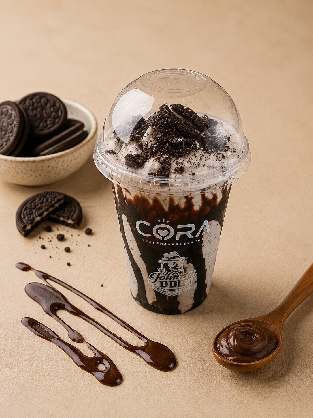 Milkshake do catálogo Cora com cobertura de chocolate e biscoito